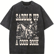 Cowgirl Saddle Up a Good Book Western Vintage Washed T-Shirt in Black