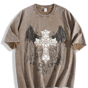 Gothic Lover + Ornate Angel Wing Cross + Sand- Feel + + Vintage Washed T-Shirt in Brown