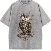 Animal Cartoon Owl 1pc Vintage Washed T-Shirt in Gray