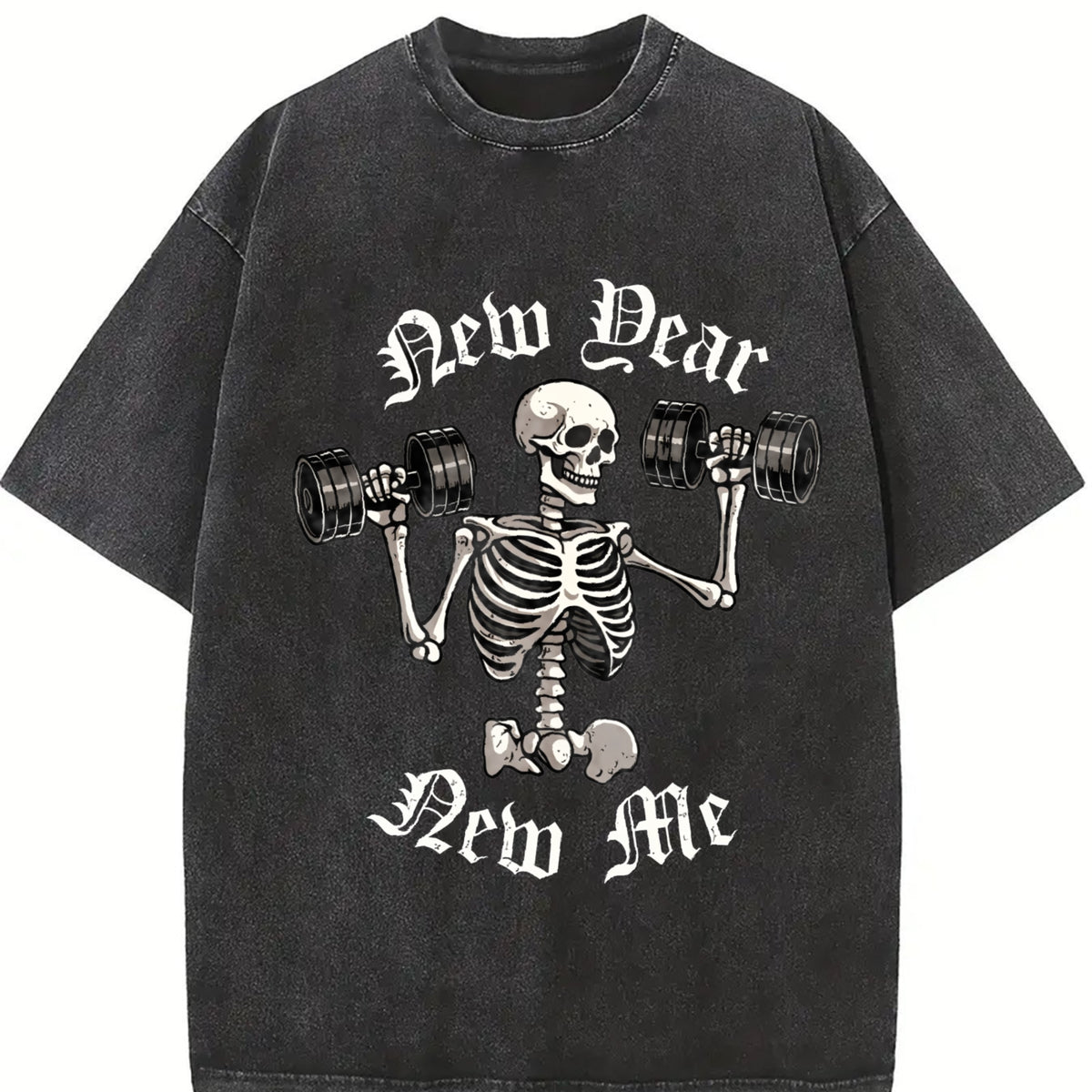 New Year New Me Skeleton Weights Vintage Washed T-Shirt in Black