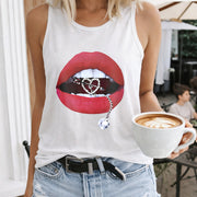 Lips & Chain Vest Sleeveless Racer Vest Women's Color Cotton Tank Top in White