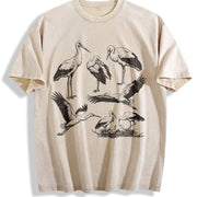 Stork Bird 90s Tattoo Vintage Washed T-Shirt in Beige