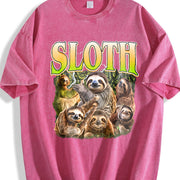 Sloth Retro Animal Lover Vintage Washed T-Shirt in Red