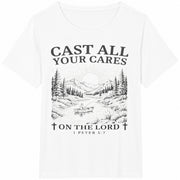 Christian Cast All Your Cares Lord 1 Peter 5:7 Nature Cotton T-Shirt in White