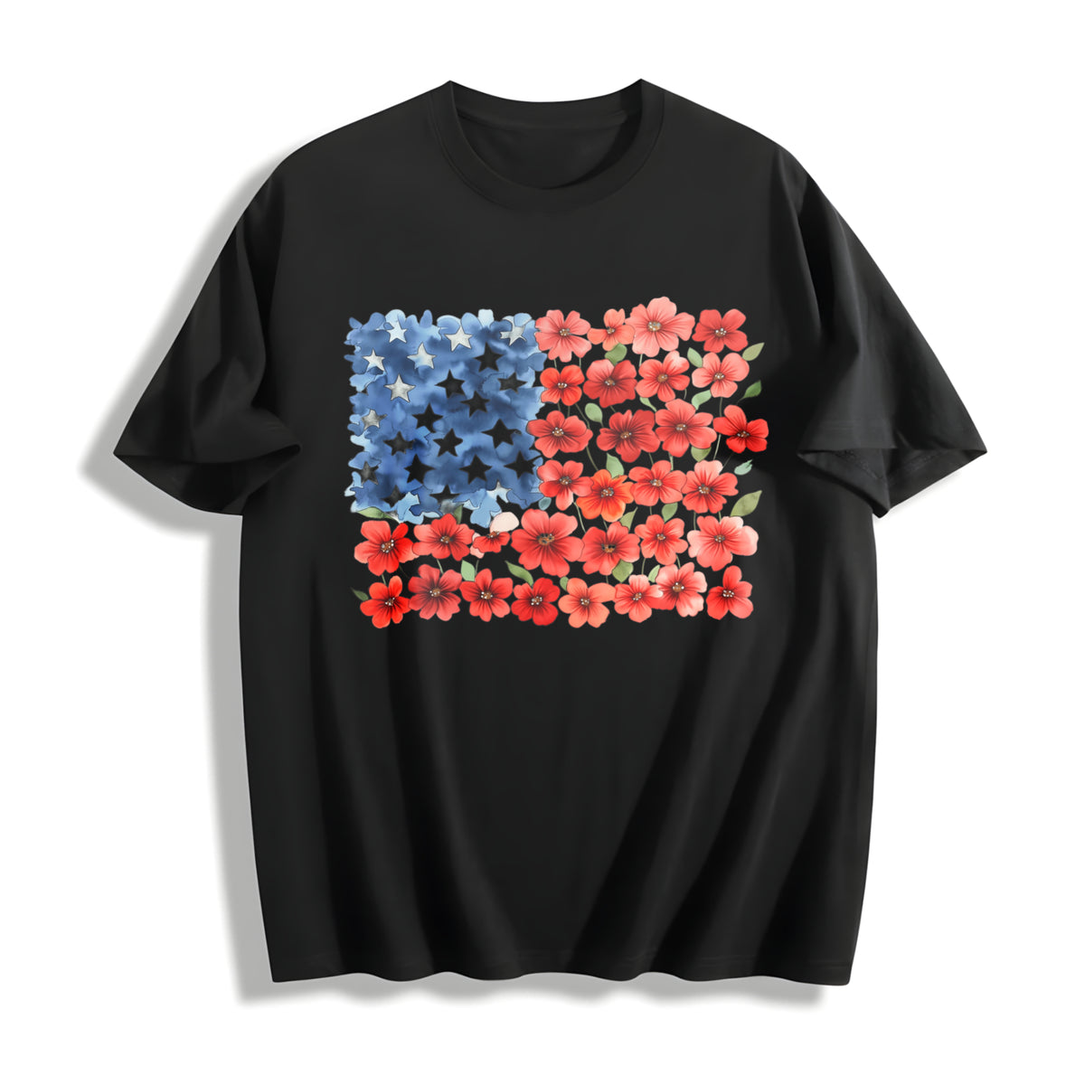 Floral American Flag Cotton T-Shirt in Black