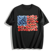 Floral American Flag Cotton T-Shirt in Black