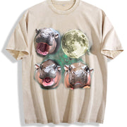 Three Moo Deng 90s Moon Vintage Washed T-Shirt in Beige