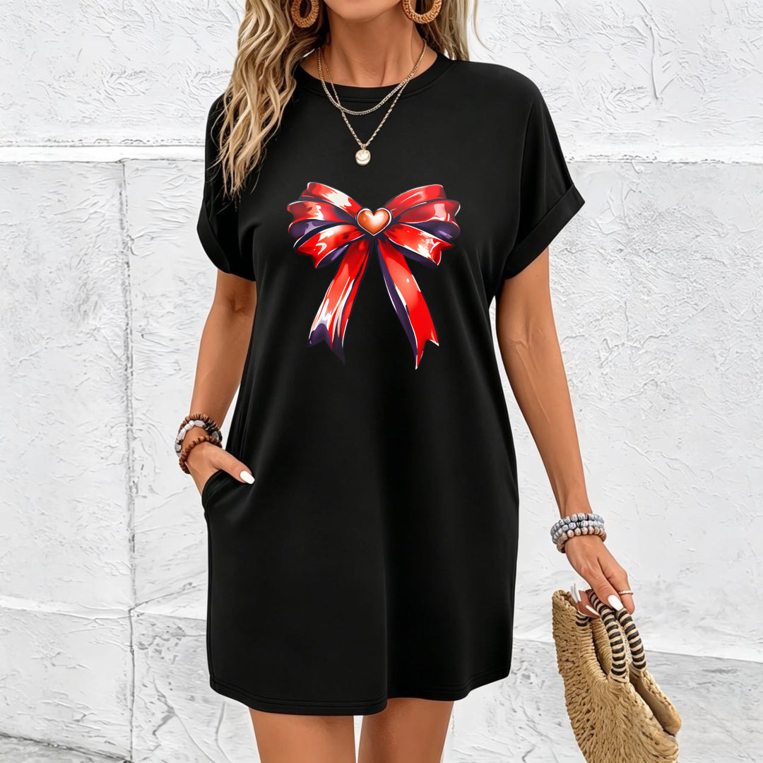 Red Bow Heart Cute Dress Cotton T-Shirt in Black