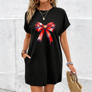 Red Bow Heart Cute Dress Cotton T-Shirt in Black