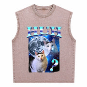 Playful Humor Cat Meme Vintage Washed Tank Top in Brown