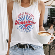 Land of the Free Because of the Brave Women's Color Cotton Tank Top in White