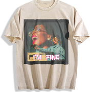 Elegant Short-sleeved Y2K Vintage Washed T-Shirt in Beige