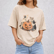 90s Cat Pumpkin Halloween vintage washed oversized T-shirt in Beige