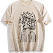 Distressed Short-sleeved American Retro Vintage Washed T-Shirt in Beige