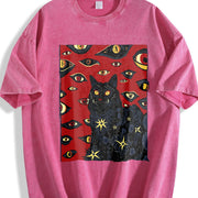 Cat and Red Eyes Gothic Vintage Washed T-Shirt in Red