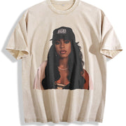 Aaliyah Bootleg Rap 90'S vintage washed oversized T-shirt in Beige