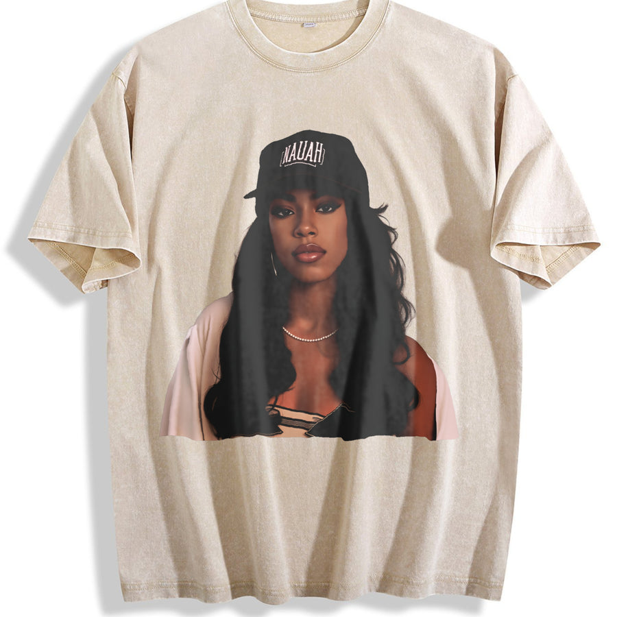 Aaliyah Bootleg Rap 90'S vintage washed oversized T-shirt in Beige