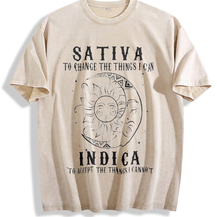 Sativa To Change The Things I Can Indica Cannabis Weed vintage washed oversized T-shirt in Beige