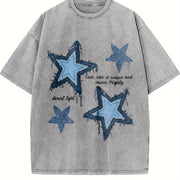 XINGX Star Blue Denim Ideal for All Seasons vintage washed oversized T-shirt in Gray