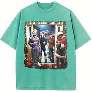 Retro Christmas Horror Movies Vintage Washed T-Shirt in Blue