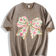 Elegant Bow Batik Retro Brand Vintage Washed T-Shirt in Brown