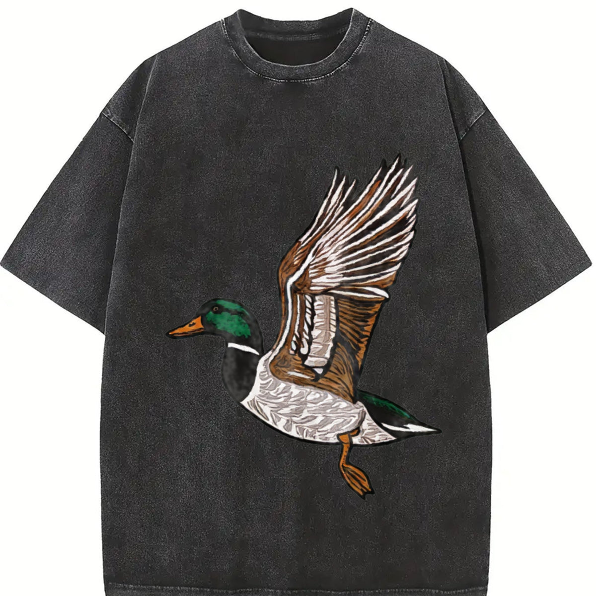 Embroidered Duck Animal Lover Vintage Washed T-Shirt in Black