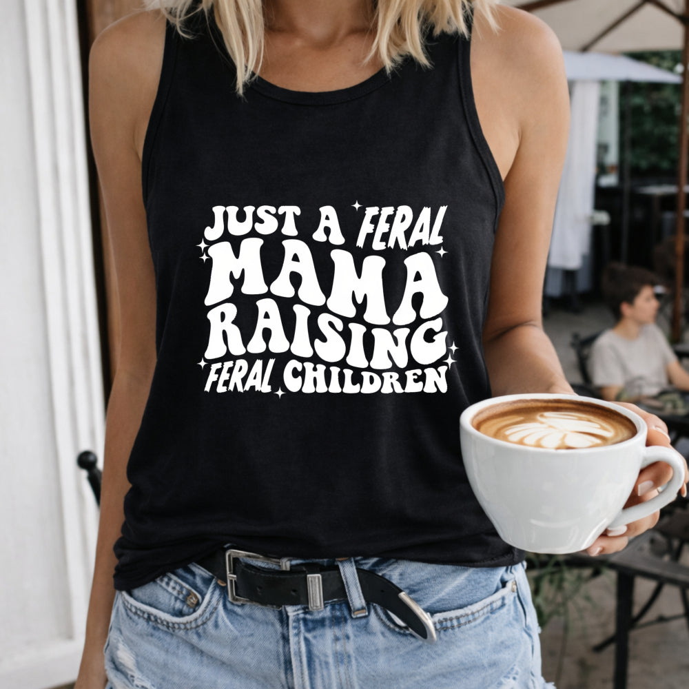 Just a Feral Mama Raising Feral Children Crew-neck Women's Color Cotton Tank Top in Black