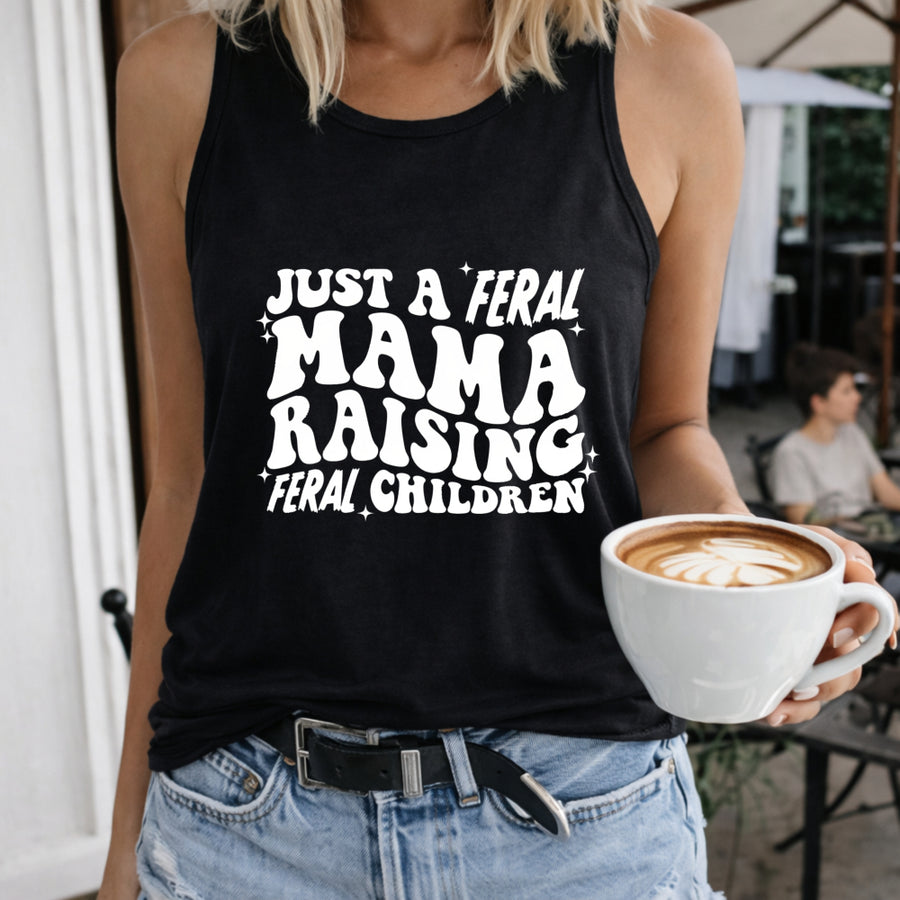 Just a Feral Mama Raising Feral Children Crew-neck Women's Color Cotton Tank Top in Black