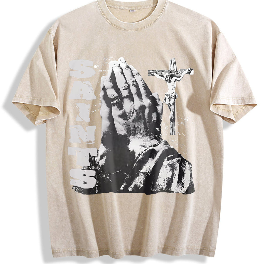 Saints Praying Hands Tank Vintage Washed T-Shirt in Beige
