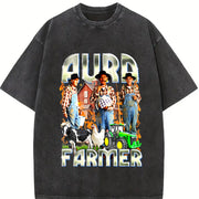 Aura Farmer Meme 90s Bootleg Aura Farming Parody Vintage Washed T-Shirt in Black