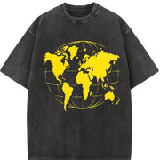 Yellow World Map Vintage Washed T-Shirt in Black