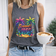 Vibes Palm Trees Rainbow Crew-neck Sleeveless Vest Outdoor Women's Color Cotton Tank Top in Gray