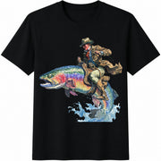 Cowboy Riding Rainbow Trout Cotton T-Shirt in Black