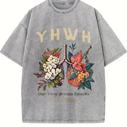 Short-Sleeve - YHWH Floral Butterfly & Every Breath vintage washed oversized T-shirt in Gray