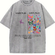Jesus Butterflies God‘s Plan Wash S~5XL and Batik vintage washed oversized T-shirt in Gray