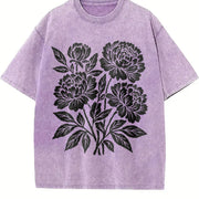 Linocut Flower Retro Block Peonies Vintage Washed T-Shirt in Purple