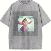 Woman in a Pink Coat Vintage Washed T-Shirt in Gray
