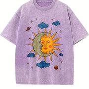 Retro Sun Moon Celestial Vintage Washed T-Shirt in Purple
