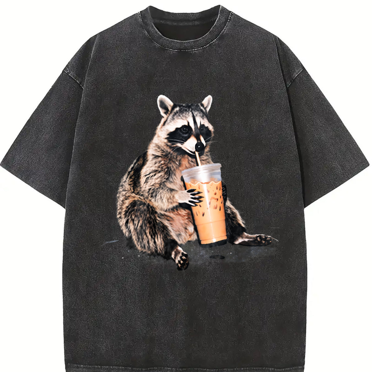 Raccoon Drinking Iced Coffee 90s Vintage Washed T-Shirt in Black