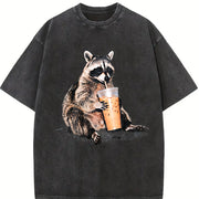 Raccoon Drinking Iced Coffee 90s Vintage Washed T-Shirt in Black