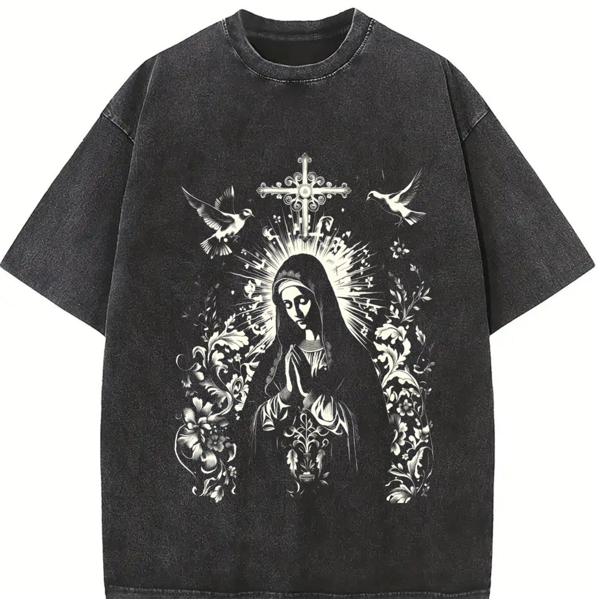 Virgin Mary Praying Faded Retro Style vintage washed oversized T-shirt in Black