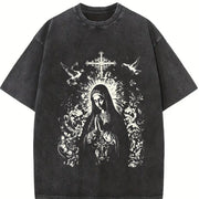 Virgin Mary Praying Faded Retro Style vintage washed oversized T-shirt in Black