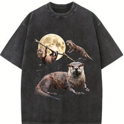 Otter Moon Retro River Otters Wildlife Vintage Washed T-Shirt in Black