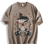 Fantasy Mysterious Floral Fox Skull Rabbit One-piece Vintage Washed T-Shirt in Brown