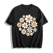 Retro Flowers Daisy Flower Cotton T-Shirt in Black