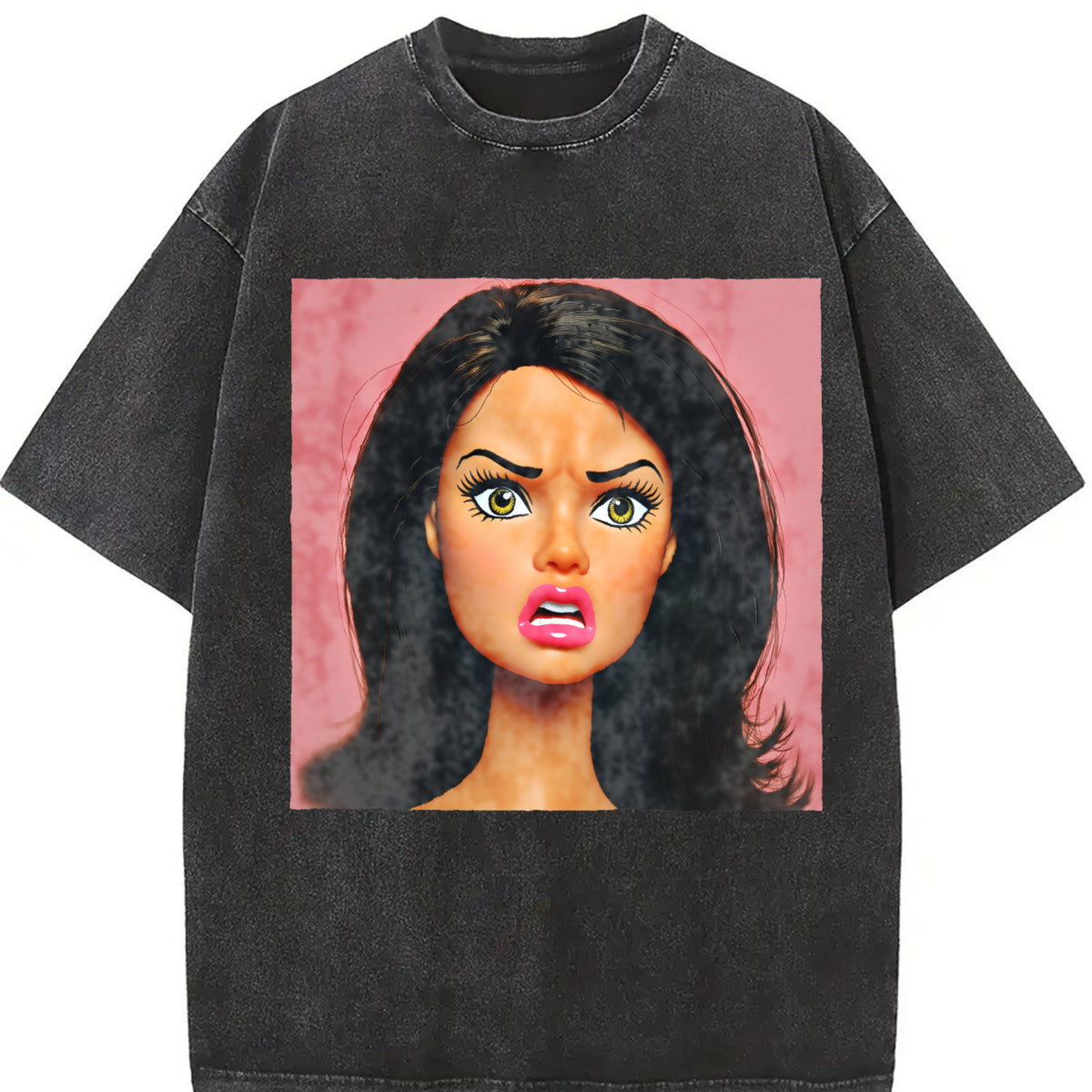 Angry Glam Doll Portrait Vintage Washed T-Shirt in Black