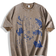 Retro Cats in Space with Stars and Planets 90s Vintage Washed T-Shirt in Brown