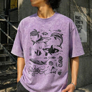 Sea Animal Tattoo Vintage Washed T-Shirt in Purple