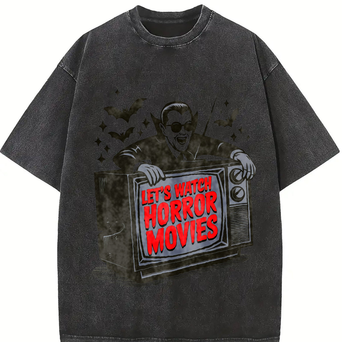 Retro Vampire Let's Watch Horror Movies Vintage Washed T-Shirt in Black