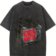 Retro Vampire Let's Watch Horror Movies Vintage Washed T-Shirt in Black